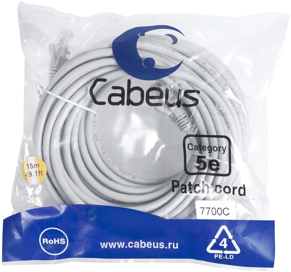 Патч-корд Cabeus PC-UTP-RJ45-CAT.5E-15M U/UTP RJ-45 вил.-вилка RJ-45 кат.5E 15м серый ПВХ — фото 1