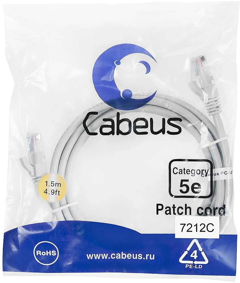 Патч-корд Cabeus PC-UTP-RJ45-CAT.5E-1.5M U/UTP RJ-45 вил.-вилка RJ-45 кат.5E 1.5м серый ПВХ — фото 1