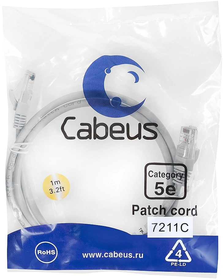 Патч-корд Cabeus PC-UTP-RJ45-CAT.5E-1M U/UTP RJ-45 вил.-вилка RJ-45 кат.5E 1м серый ПВХ — фото 1