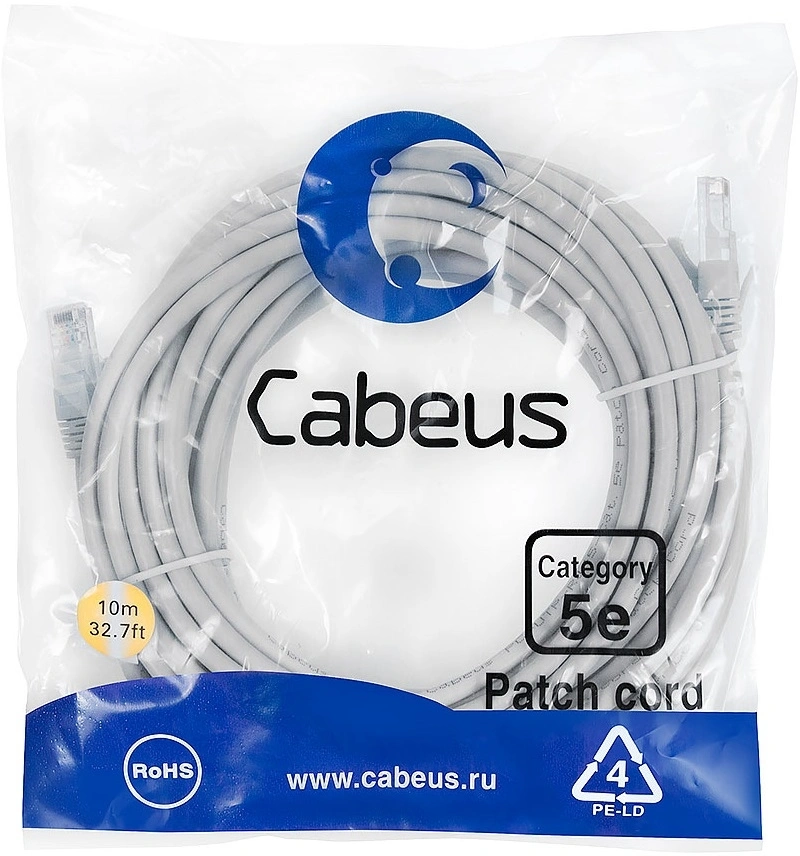Патч-корд Cabeus PC-UTP-RJ45-CAT.5E-10M U/UTP RJ-45 вил.-вилка RJ-45 кат.5E 10м серый ПВХ — фото 1