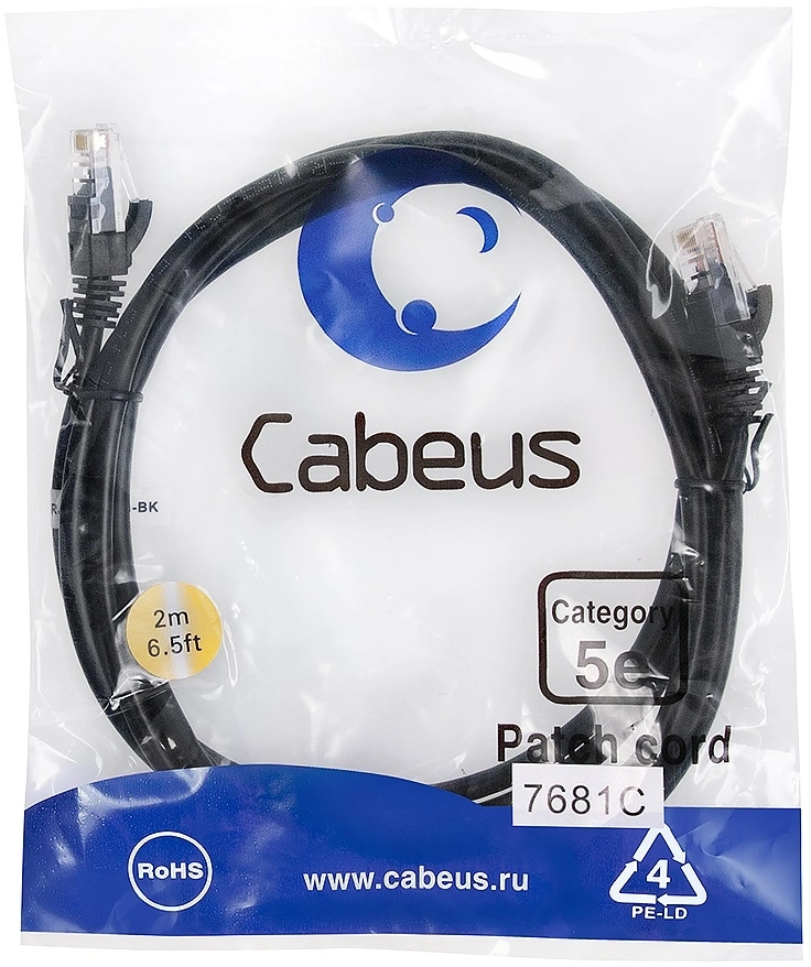 Патч-корд Cabeus PC-UTP-RJ45-CAT.5E-2M-BK U/UTP RJ-45 вил.-вилка RJ-45 кат.5E 2м черный ПВХ — фото 1