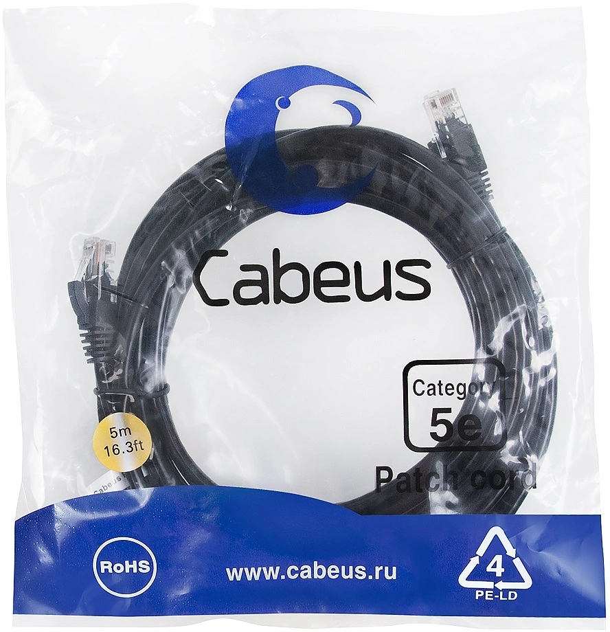 Патч-корд Cabeus PC-UTP-RJ45-CAT.5E-5M-BK U/UTP RJ-45 вил.-вилка RJ-45 кат.5E 5м черный ПВХ — фото 1