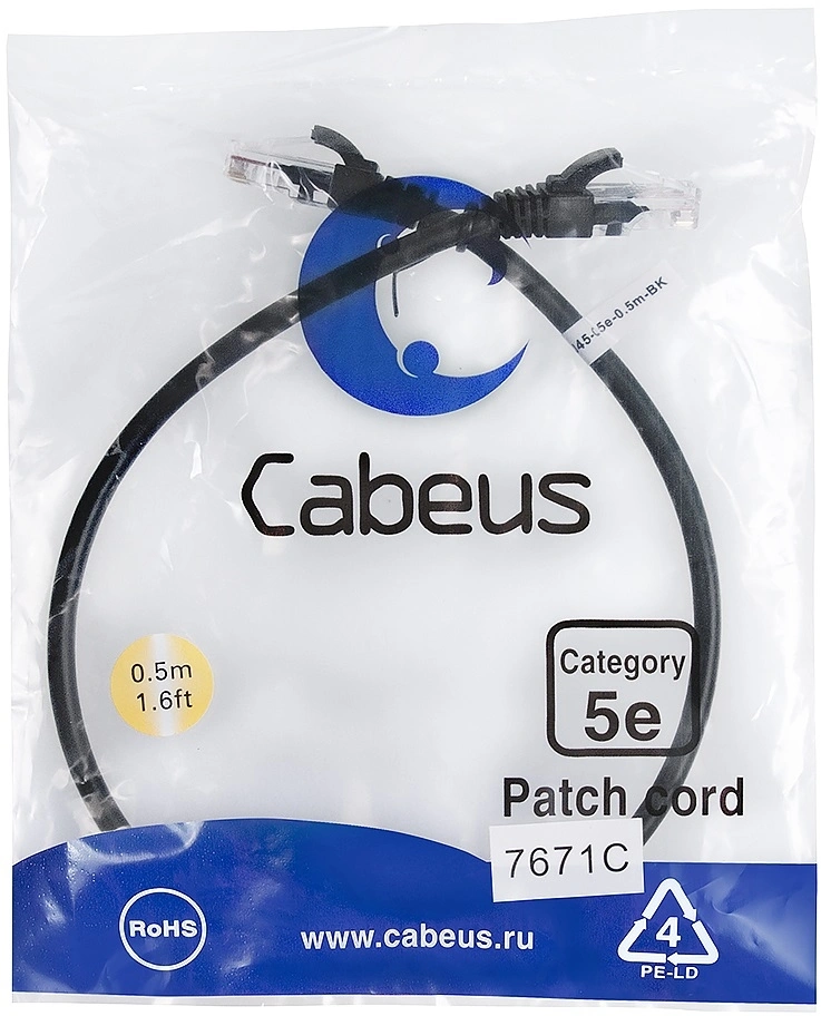 Патч-корд Cabeus PC-UTP-RJ45-CAT.5E-0.5M-BK U/UTP RJ-45 вил.-вилка RJ-45 кат.5E 0.5м черный ПВХ — фото 1