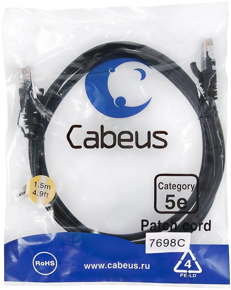 Патч-корд Cabeus PC-UTP-RJ45-CAT.5E-1.5M-BK U/UTP RJ-45 вил.-вилка RJ-45 кат.5E 1.5м черный ПВХ — фото 1
