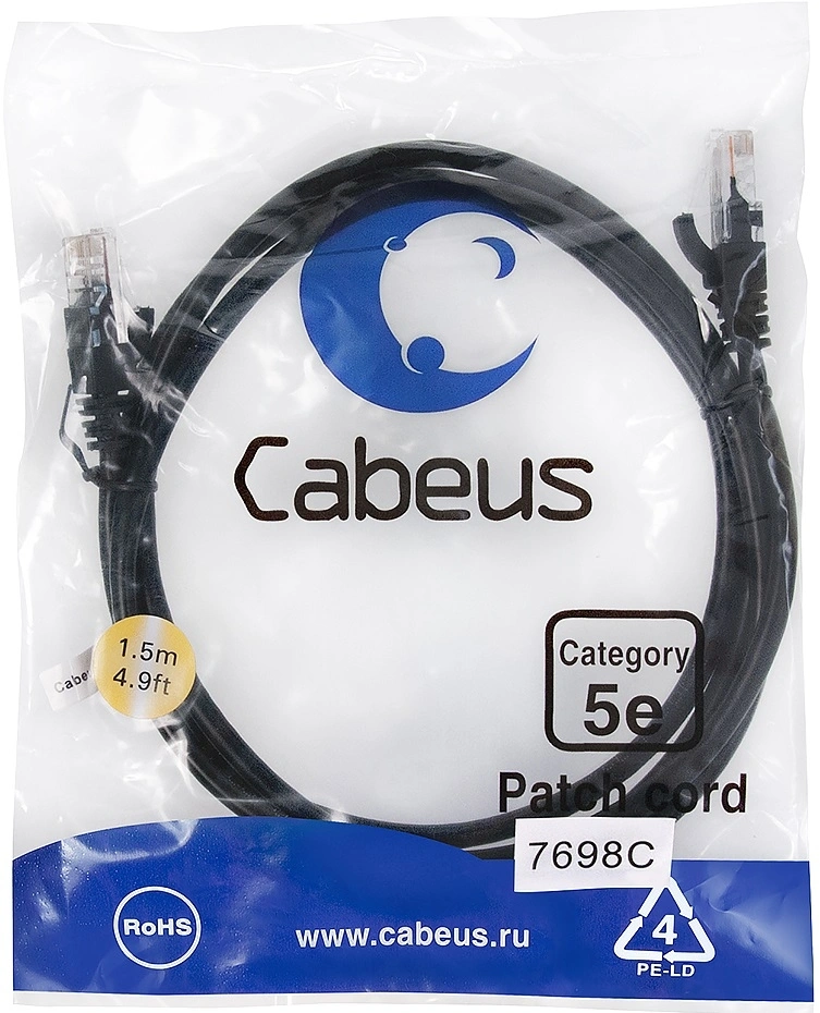 Патч-корд Cabeus PC-UTP-RJ45-Cat.5e-1.5m-BK-LSZH U/UTP RJ-45 вил.-вилка RJ-45 кат.5E 1.5м черный LSZH — фото 1