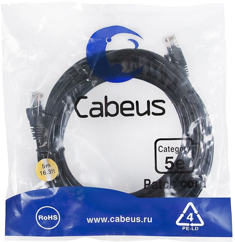 Патч-корд Cabeus PC-UTP-RJ45-CAT.5E-5M-BK-LSZH U/UTP RJ-45 вил.-вилка RJ-45 кат.5E 5м черный LSZH — фото 1