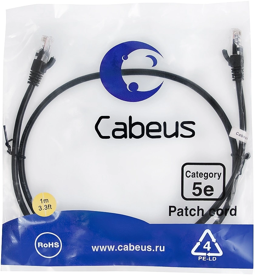 Патч-корд Cabeus PC-UTP-RJ45-CAT.5E-1M-BK-LSZH U/UTP RJ-45 вил.-вилка RJ-45 кат.5E 1м черный LSZH — фото 1