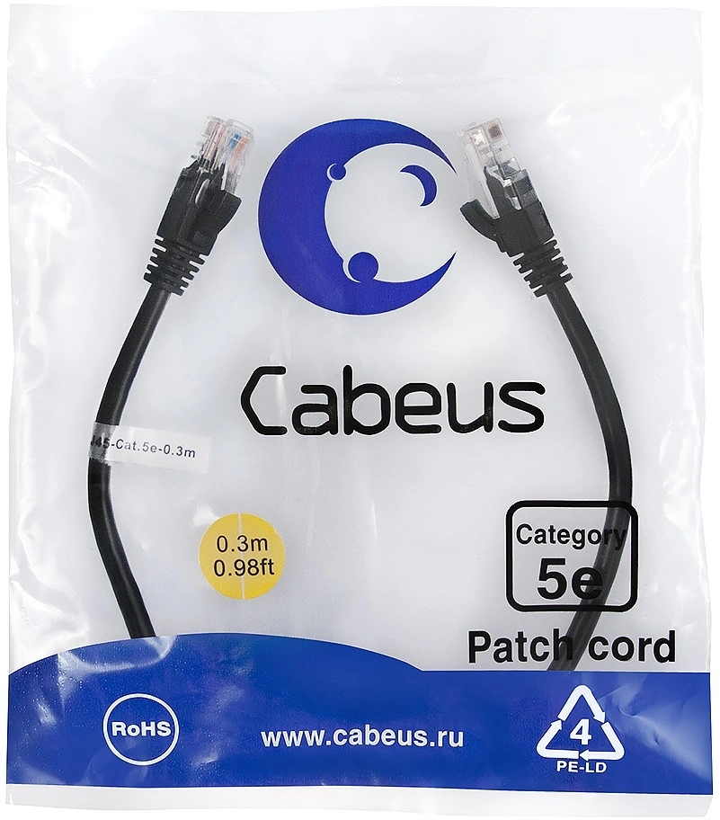 Патч-корд Cabeus PC-UTP-RJ45-Cat.5e-0.3m-BK-LSZH U/UTP RJ-45 вил.-вилка RJ-45 кат.5E 0.3м черный LSZH — фото 1