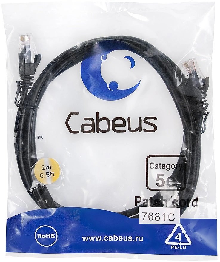 Патч-корд Cabeus PC-UTP-RJ45-CAT.5E-2M-BK-LSZH U/UTP RJ-45 вил.-вилка RJ-45 кат.5E 2м черный LSZH — фото 1
