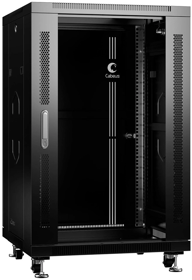 Шкаф коммутационный Cabeus (SH-05C-18U60/60-BK) напольный 18U 600x600мм пер.дв.стекл металл 800кг черный 500мм 220град. 988мм IP20 сталь — миниатюра 2