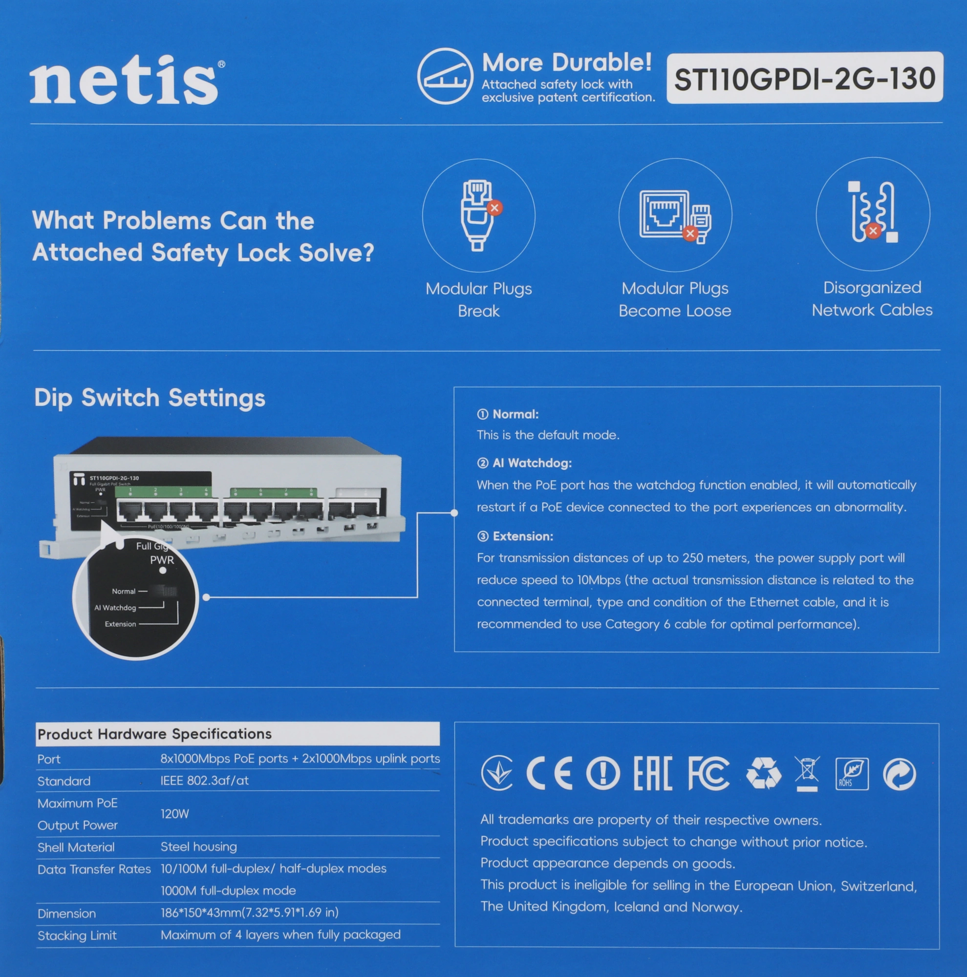 Коммутатор Netis ST110GPDI-2G-130 (L2) 10x1Гбит/с 8PoE 8PoE+ 120W неуправляемый — миниатюра 4