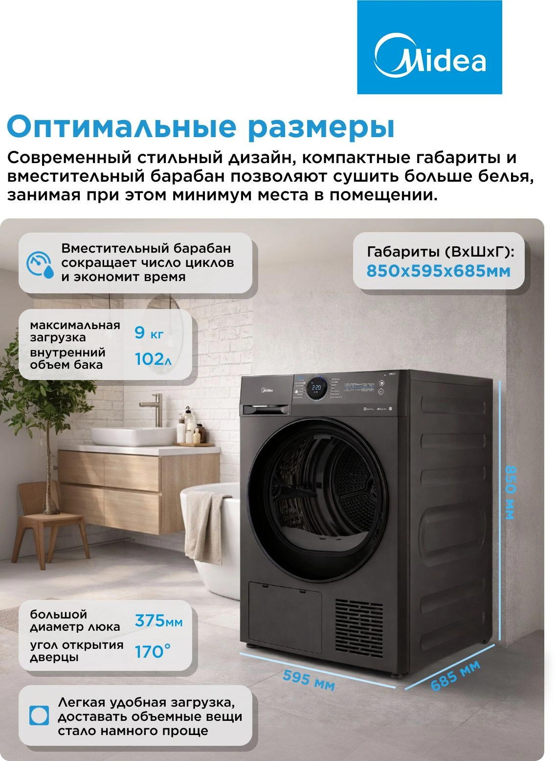 Сушильная машина Midea MD200H90W/T-RU кл.энер.:A++ макс.загр.:9кг черный — миниатюра 10
