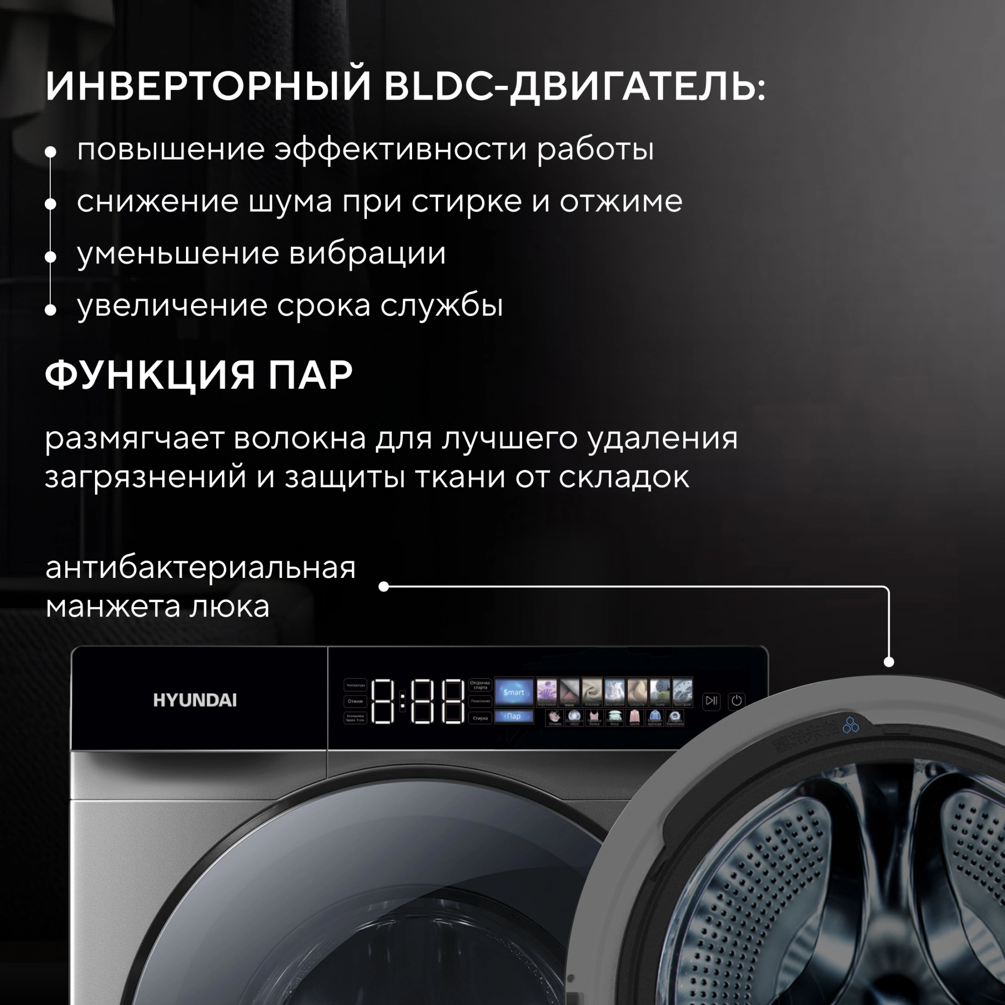 Стиральная машина Hyundai WFE9232 класс: A+++ загр.фронтальная макс.:10.5кг серый инвертор — миниатюра 10