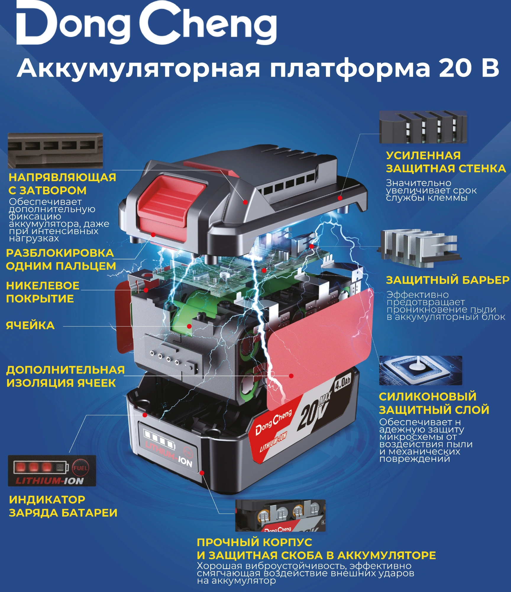 Батарея аккумуляторная DongCheng FFBL2040 20В 4Ач Li-Ion — миниатюра 3