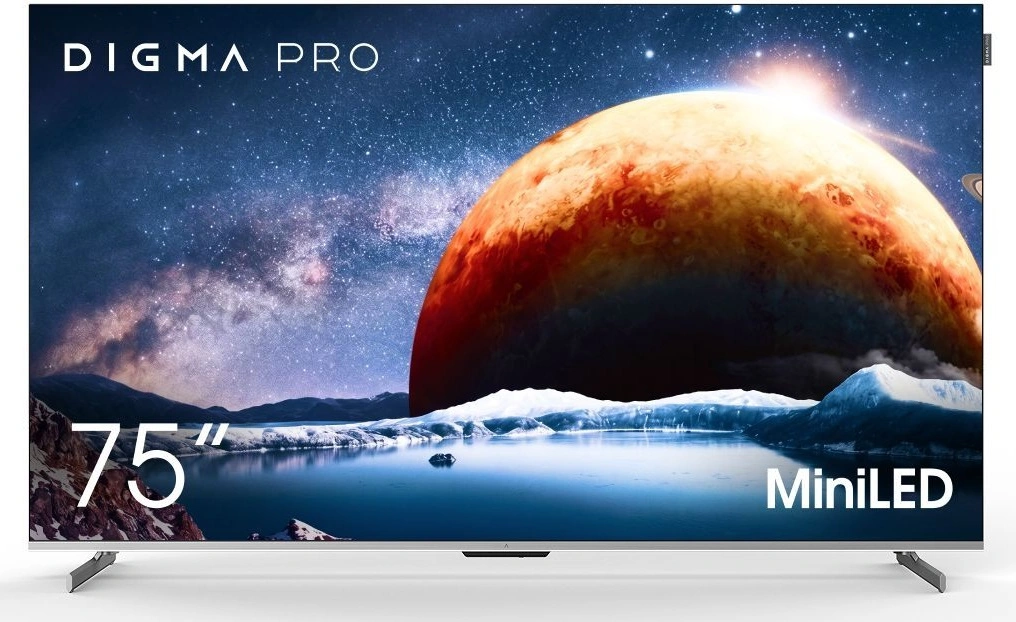 Телевизор QLED Digma Pro 75" Mini LED 75Q Google TV Frameless серебристый/серебристый 4K Ultra HD 144Hz MEMC DVB-T DVB-T2 DVB-C DVB-S DVB-S2 USB WiFi Smart TV — фото 1