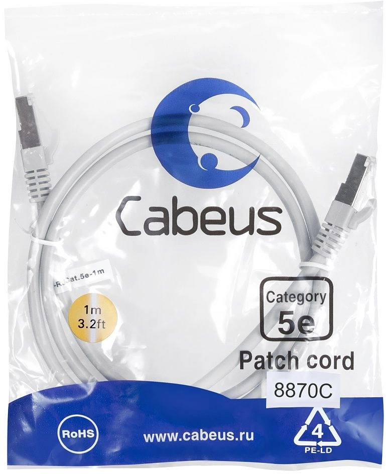Патч-корд Cabeus PC-FTP-RJ45-CAT.5E-1M-LSZH F/UTP RJ-45 вил.-вилка RJ-45 кат.5E 1м серый LSZH — фото 1