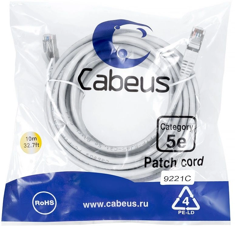 Патч-корд Cabeus PC-FTP-RJ45-CAT.5E-10M-LSZH F/UTP RJ-45 вил.-вилка RJ-45 кат.5E 10м серый LSZH — фото 1