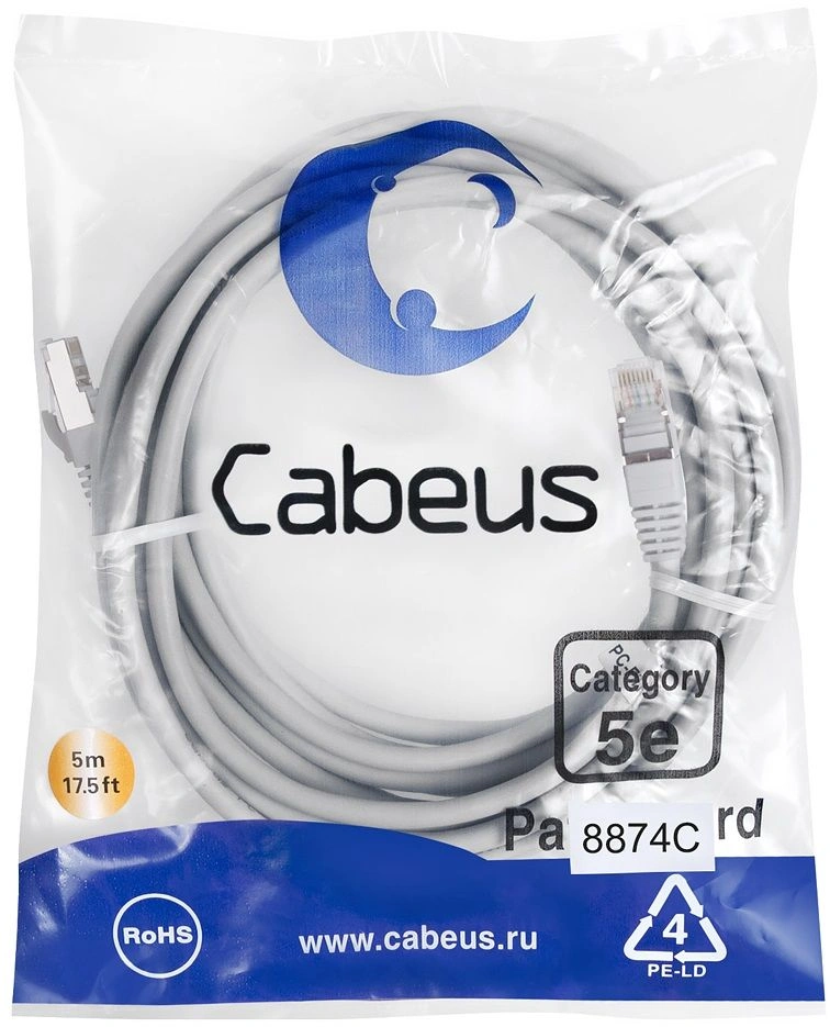 Патч-корд Cabeus PC-FTP-RJ45-CAT.5E-5M-LSZH F/UTP RJ-45 вил.-вилка RJ-45 кат.5E 5м серый LSZH — фото 1
