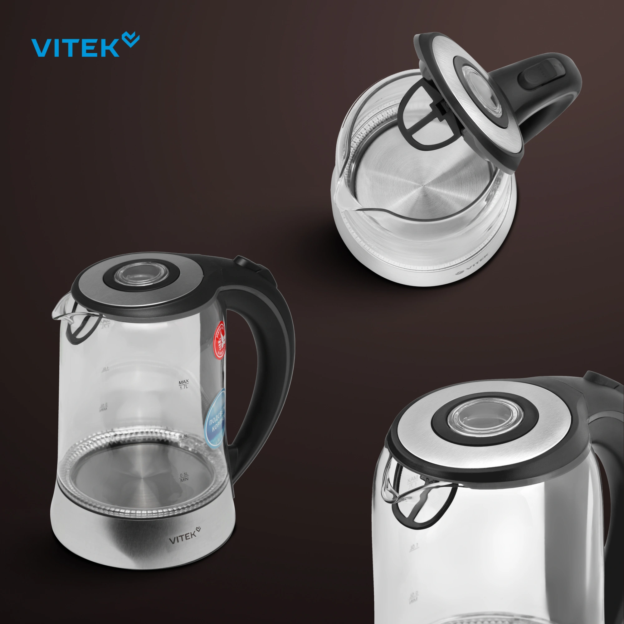 Чайник электрический Vitek VT-WK1009 1.7л. 2200Вт черный/серый корпус: стекло — миниатюра 5