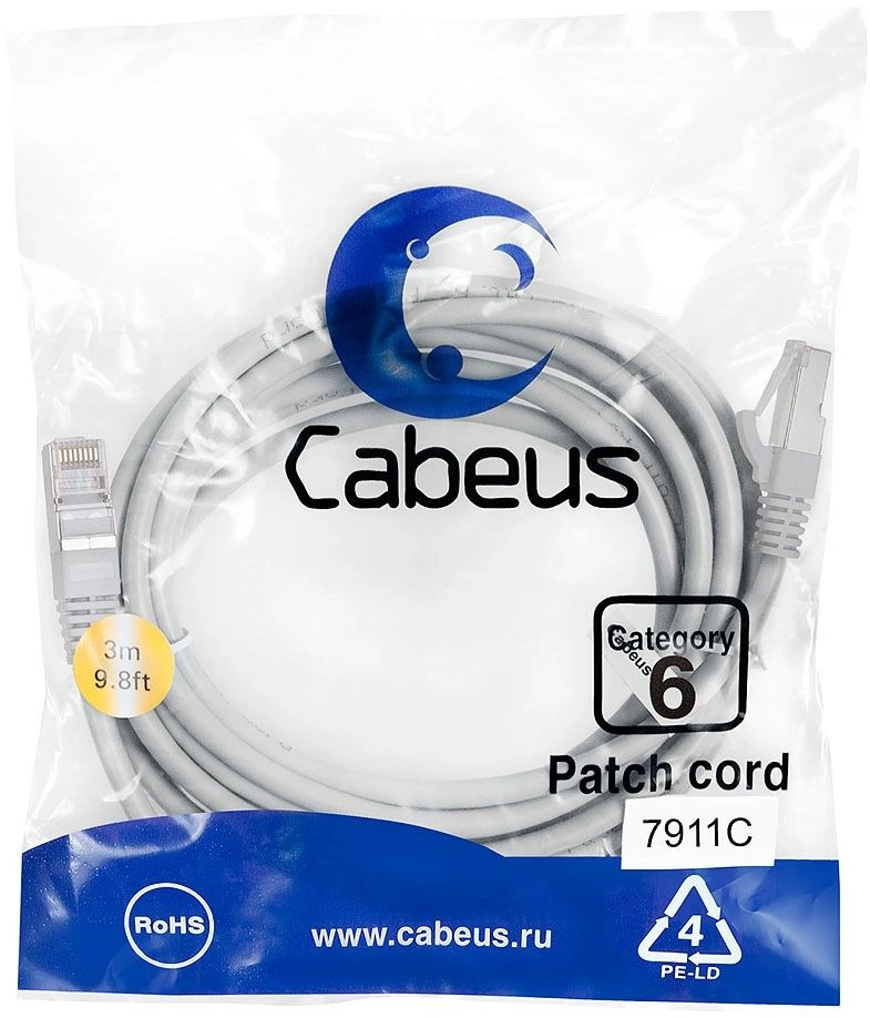 Патч-корд Cabeus PC-FTP-RJ45-CAT.6-3M-LSZH F/UTP RJ-45 вил.-вилка RJ-45 кат.6 3м серый LSZH — фото 1