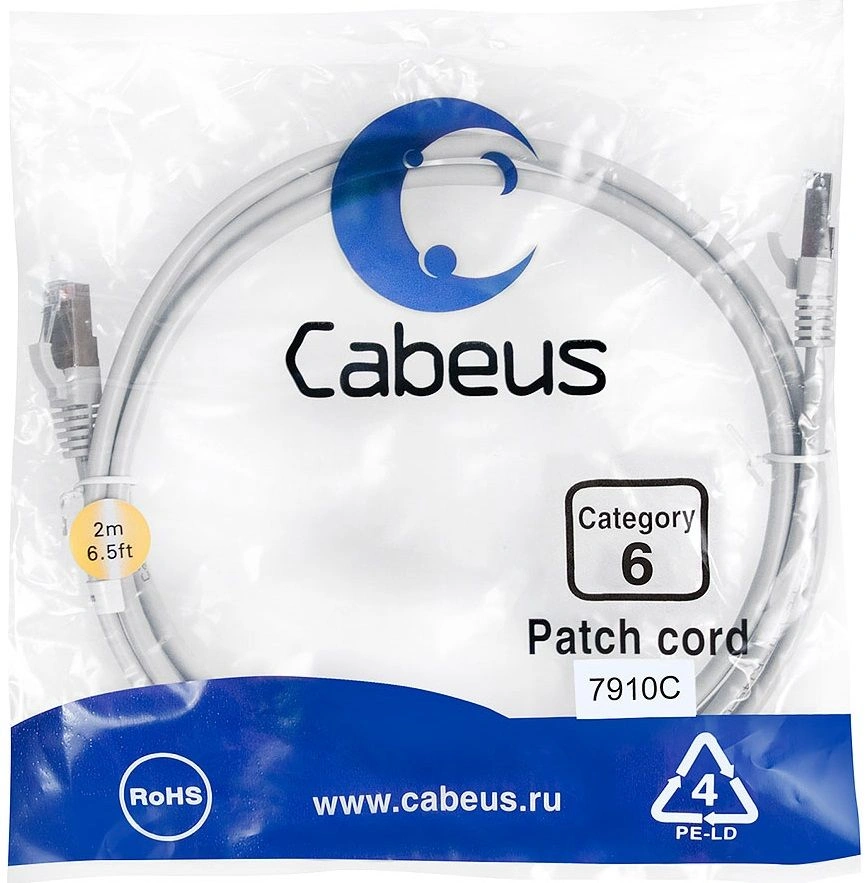 Патч-корд Cabeus PC-FTP-RJ45-CAT.6-2M-LSZH F/UTP RJ-45 вил.-вилка RJ-45 кат.6 2м серый LSZH — фото 1