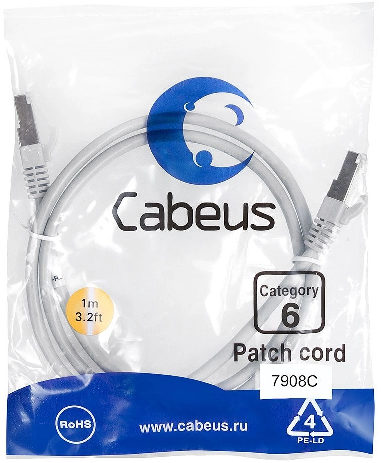 Патч-корд Cabeus PC-FTP-RJ45-CAT.6-1M-LSZH F/UTP RJ-45 вил.-вилка RJ-45 кат.6 1м серый LSZH — фото 1
