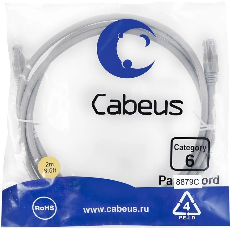 Патч-корд Cabeus PC-UTP-RJ45-CAT.6-2M-LSZH U/UTP RJ-45 вил.-вилка RJ-45 кат.6 2м серый LSZH — фото 1