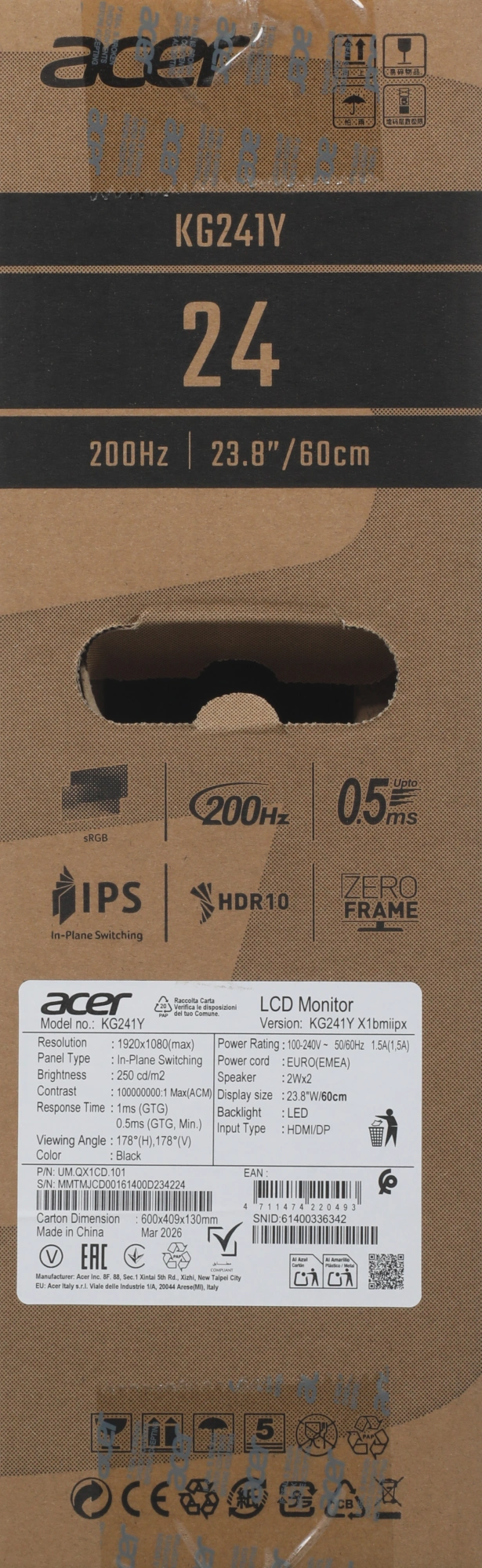Монитор Acer 23.8" Nitro KG241YX1bmiipx черный IPS LED 0.5ms 16:9 HDMI M/M матовая 250cd 170гр/160гр 1920x1080 200Hz FreeSync Premium DP FHD 3.2кг — миниатюра 6