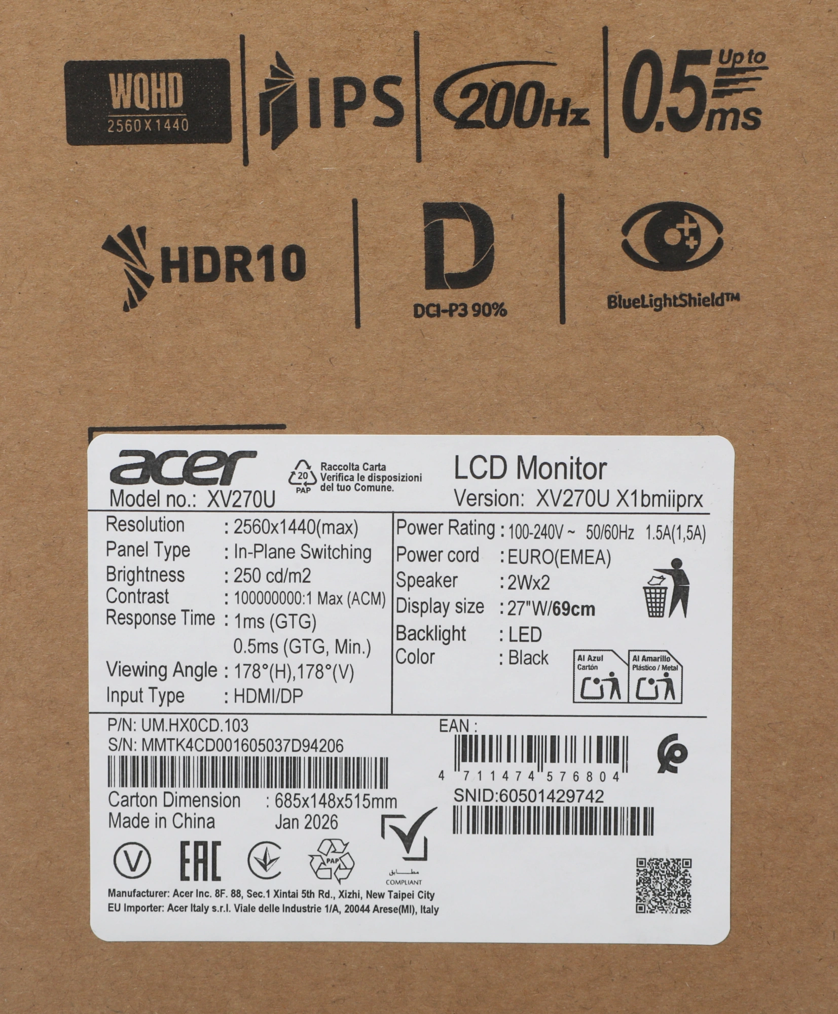 Монитор Acer 27" Nitro XV270UX1bmiiprx черный IPS LED 16:9 HDMI M/M матовая HAS Piv 1000:1 250cd 178гр/178гр 2560x1440 200Hz FreeSync Premium DP 2K 5.03кг — миниатюра 10
