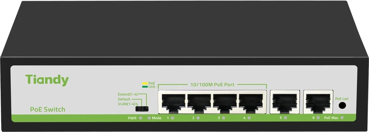 Коммутатор Tiandy TC-P3S06 F/0420/AT/55/V2.0 (L2) 6x100Мбит/с 4PoE 55W неуправляемый — фото 1