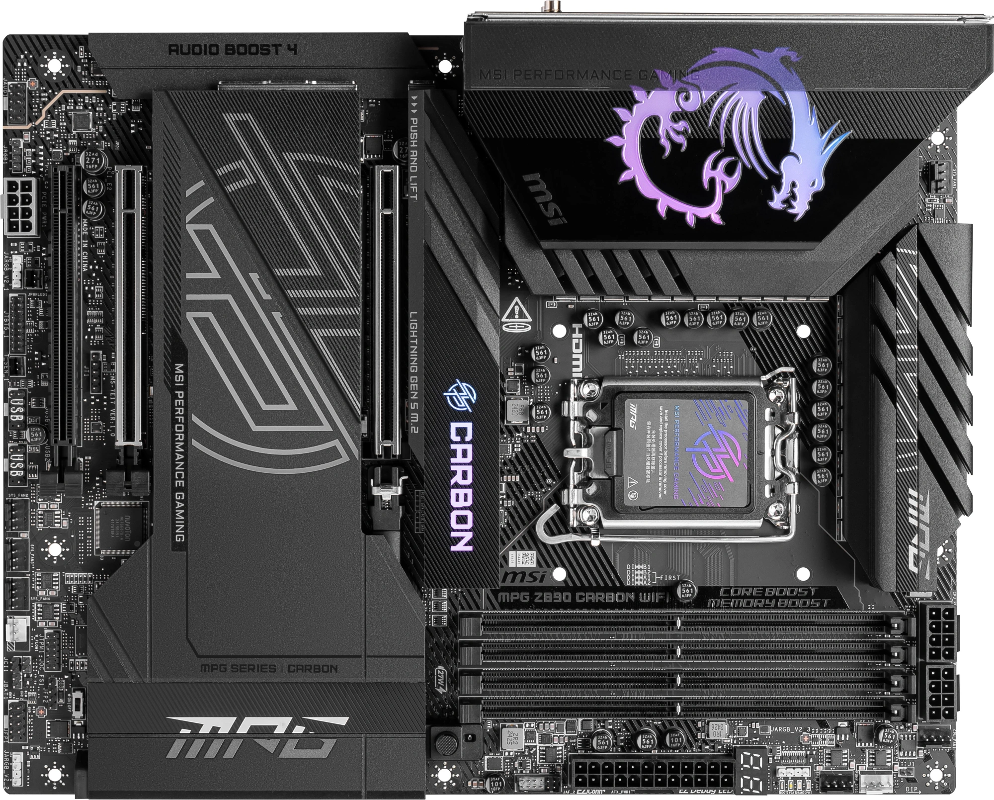 Материнская плата MSI MPG Z890 CARBON WIFI Soc-1851 Intel Z890 4xDDR5 ATX AC`97 8ch(7.1) 5Gigabit + 2.5Gigabit Ethernet RAID+HDMI — фото 1
