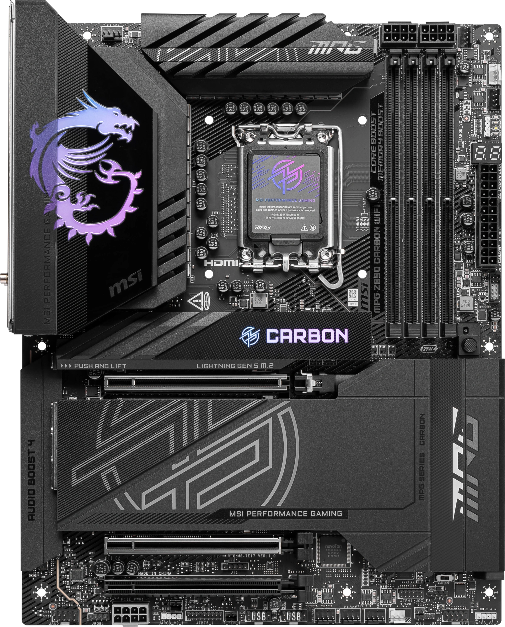 Материнская плата MSI MPG Z890 CARBON WIFI Soc-1851 Intel Z890 4xDDR5 ATX AC`97 8ch(7.1) 5Gigabit + 2.5Gigabit Ethernet RAID+HDMI — миниатюра 2