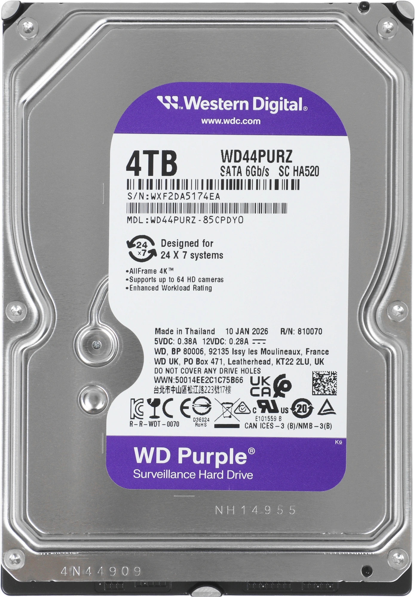Жесткий диск WD SATA-III 4TB WD44PURZ Surveillance Purple (5400rpm) 128Mb 3.5" — миниатюра 2