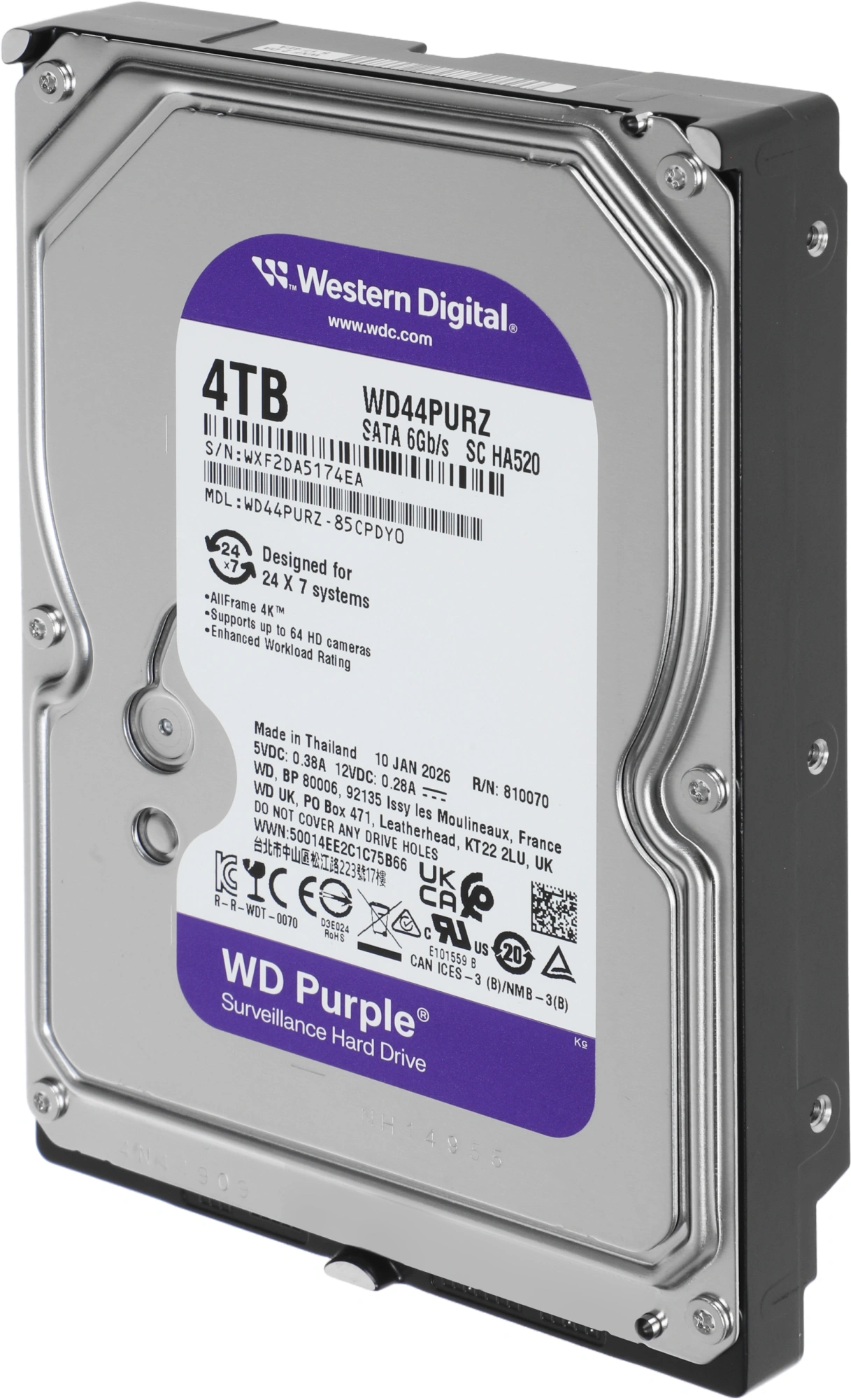 Жесткий диск WD SATA-III 4TB WD44PURZ Surveillance Purple (5400rpm) 128Mb 3.5" — миниатюра 6