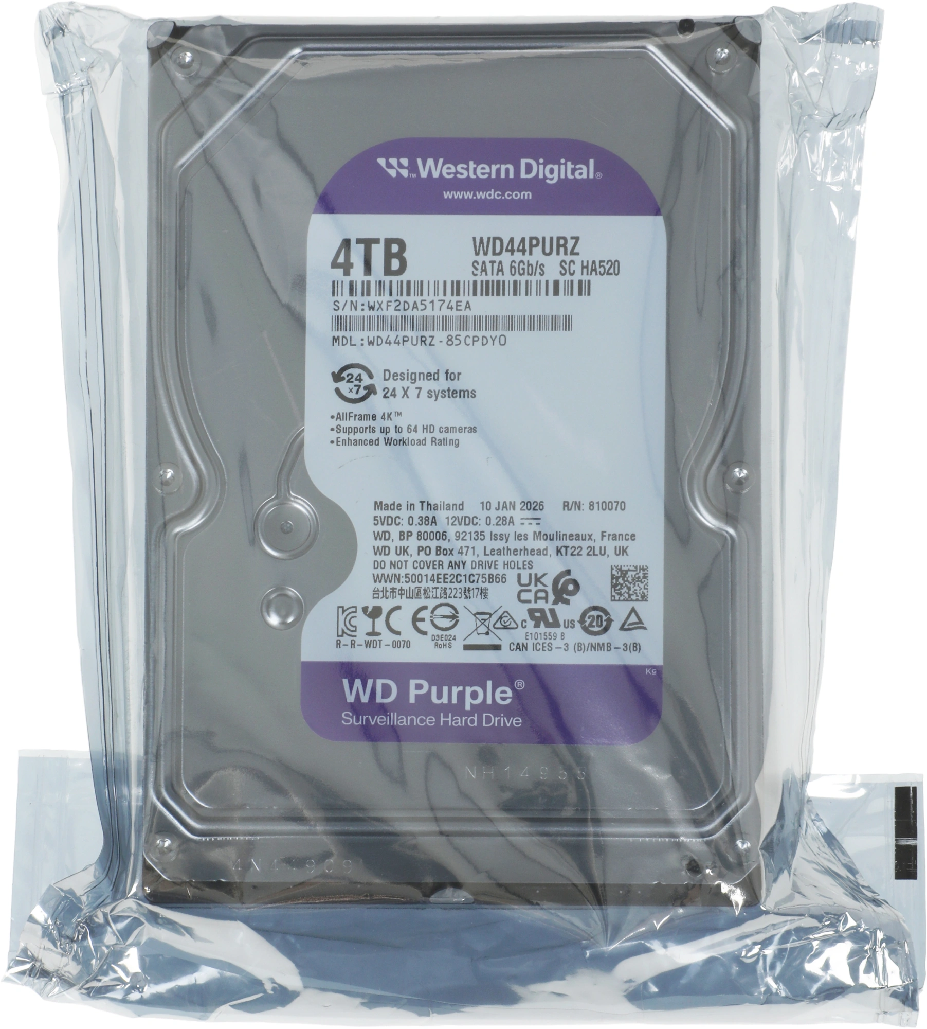 Жесткий диск WD SATA-III 4TB WD44PURZ Surveillance Purple (5400rpm) 128Mb 3.5" — фото 1