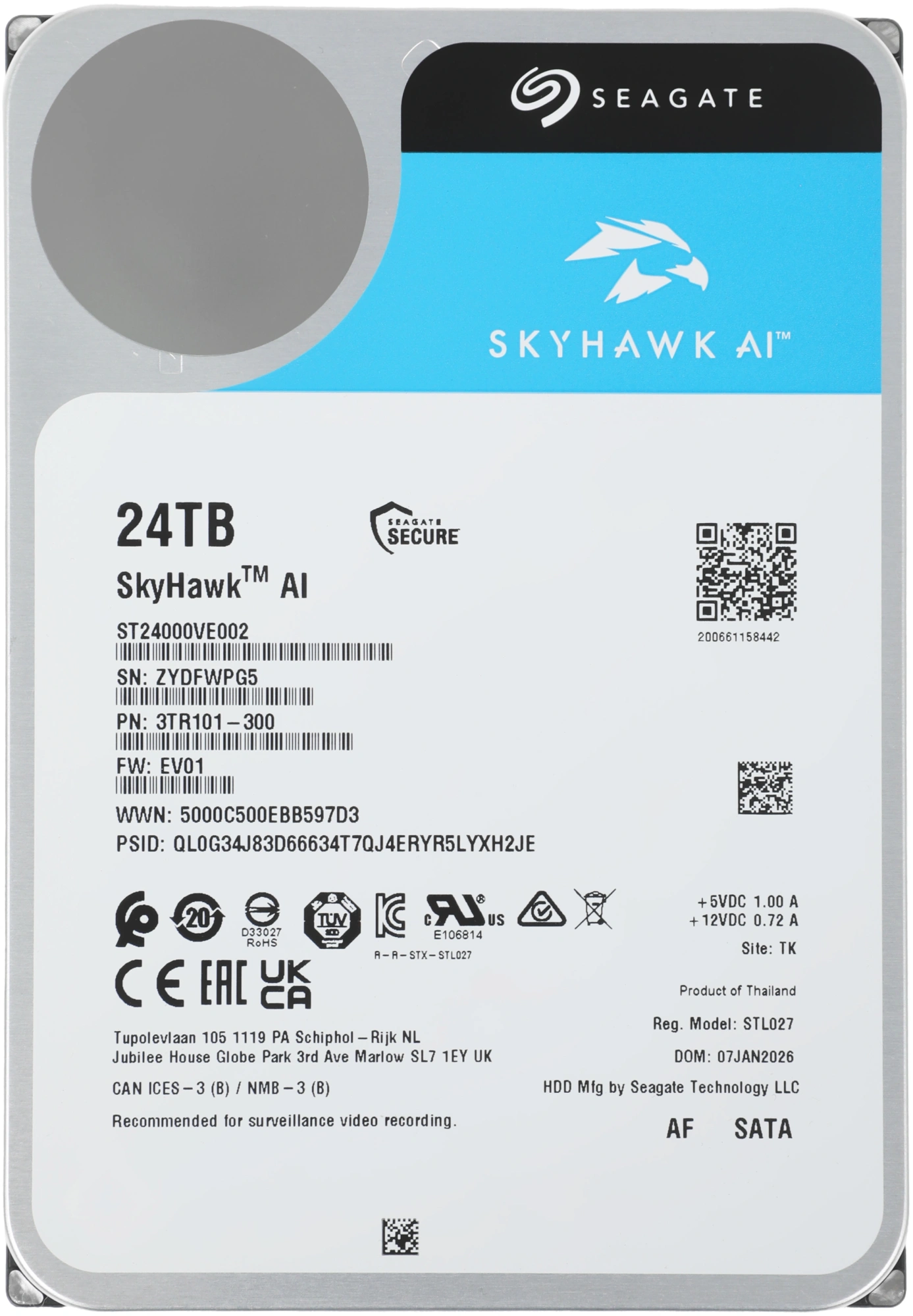 Жесткий диск Seagate SATA-III 24TB ST24000VE002 SkyHawkAI 512E (7200rpm) 512Mb 3.5" — фото 1