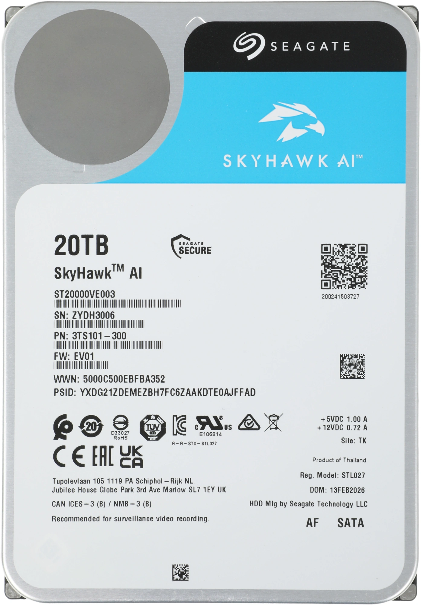 Жесткий диск Seagate SATA-III 20TB ST20000VE003 Surveillance SkyHawkAI 512E (7200rpm) 512Mb 3.5" — миниатюра 2