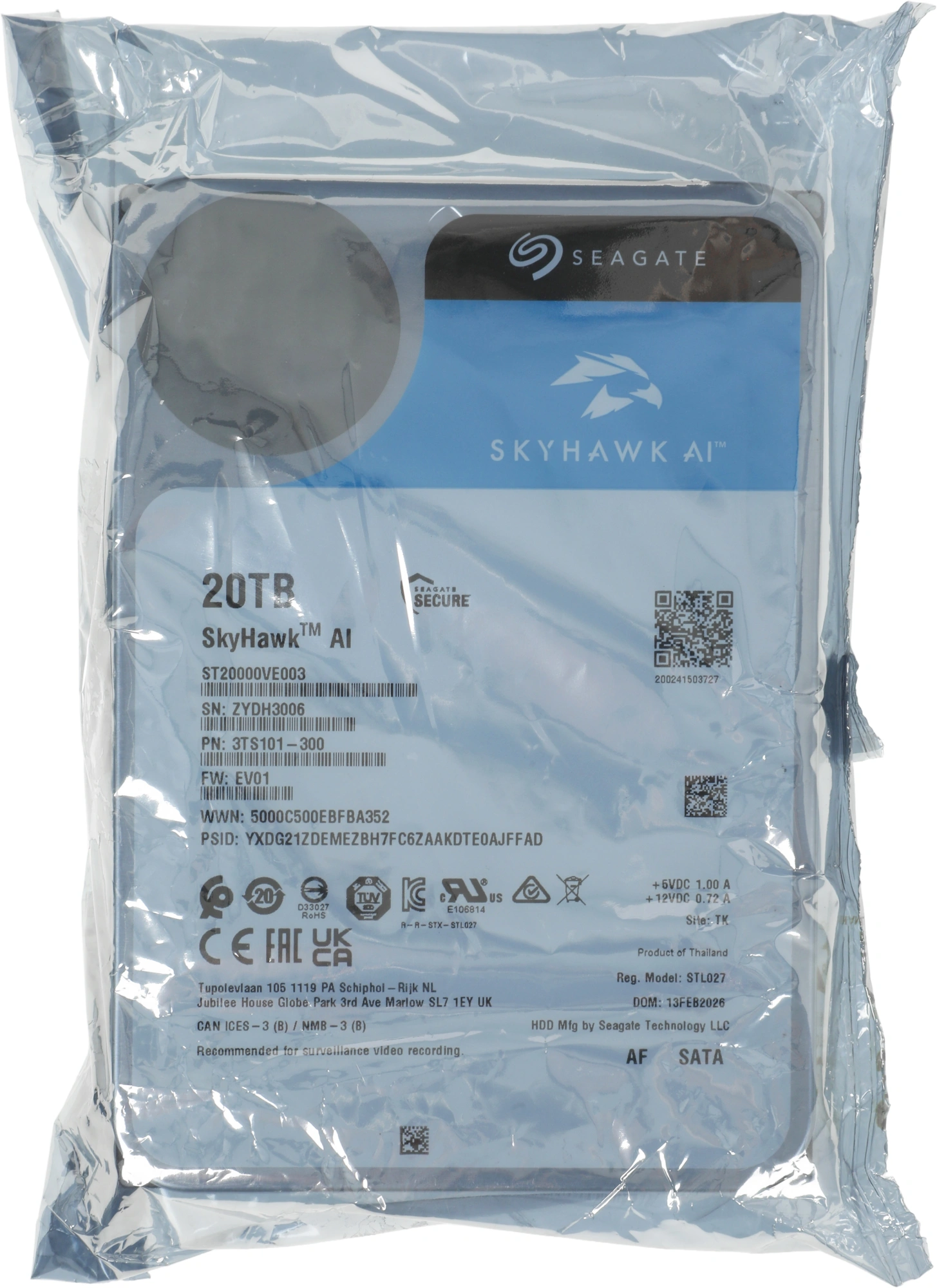Жесткий диск Seagate SATA-III 20TB ST20000VE003 Surveillance SkyHawkAI 512E (7200rpm) 512Mb 3.5" — фото 1