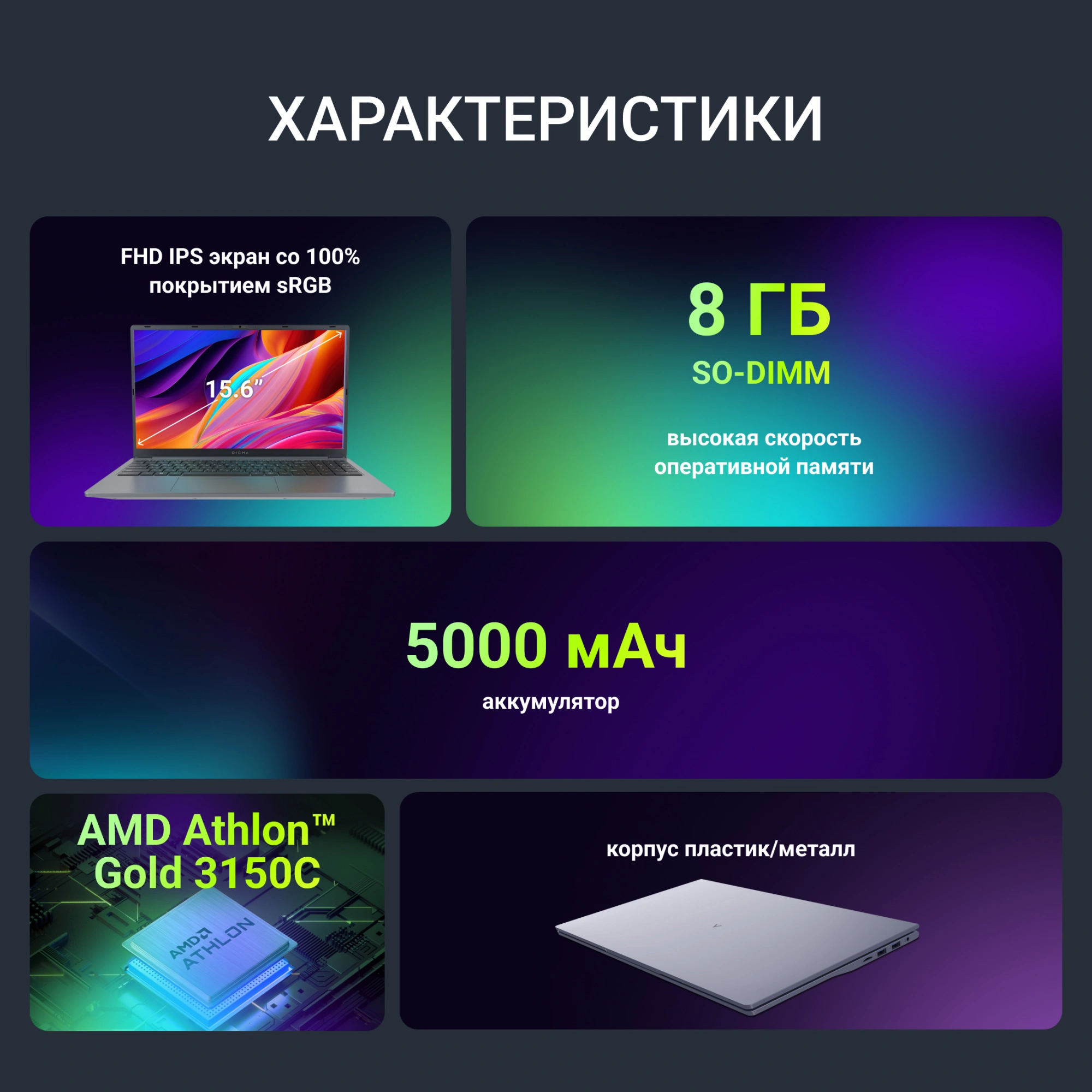 Ноутбук Digma Echo Athlon Gold 3150C 8Gb SSD256Gb AMD Radeon Graphics 15.6" IPS FHD (1920x1080) Windows 11 Pro dk.grey WiFi BT Cam 5000mAh (DN15A3-8CXW01) — миниатюра 8