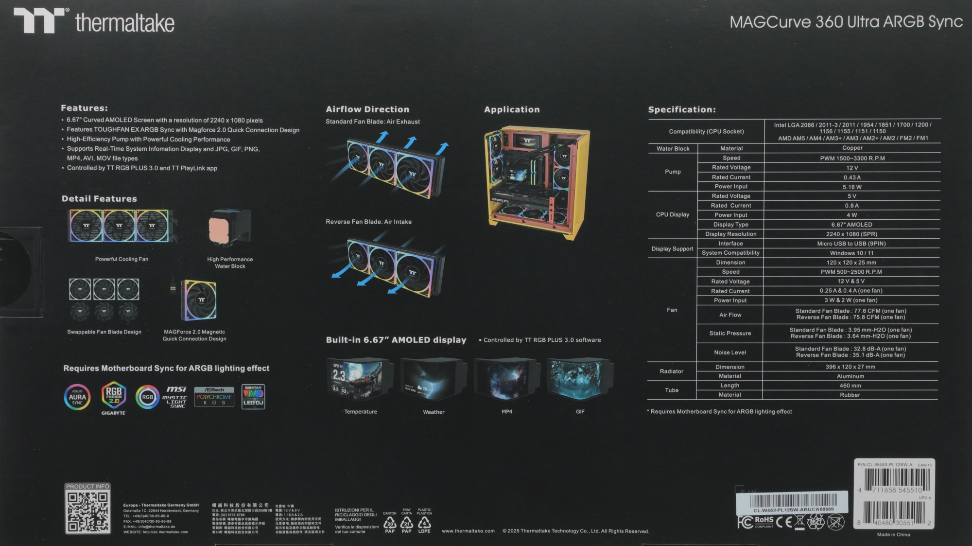 Система водяного охлаждения Thermaltake MAGCurve 360 Ultra ARGB Soc-AM5/AM4/1200/1700/1851 черный 4-pin 32.8-35.1dB Al LCD Ret (CL-W453- PL12SW-A) — миниатюра 15