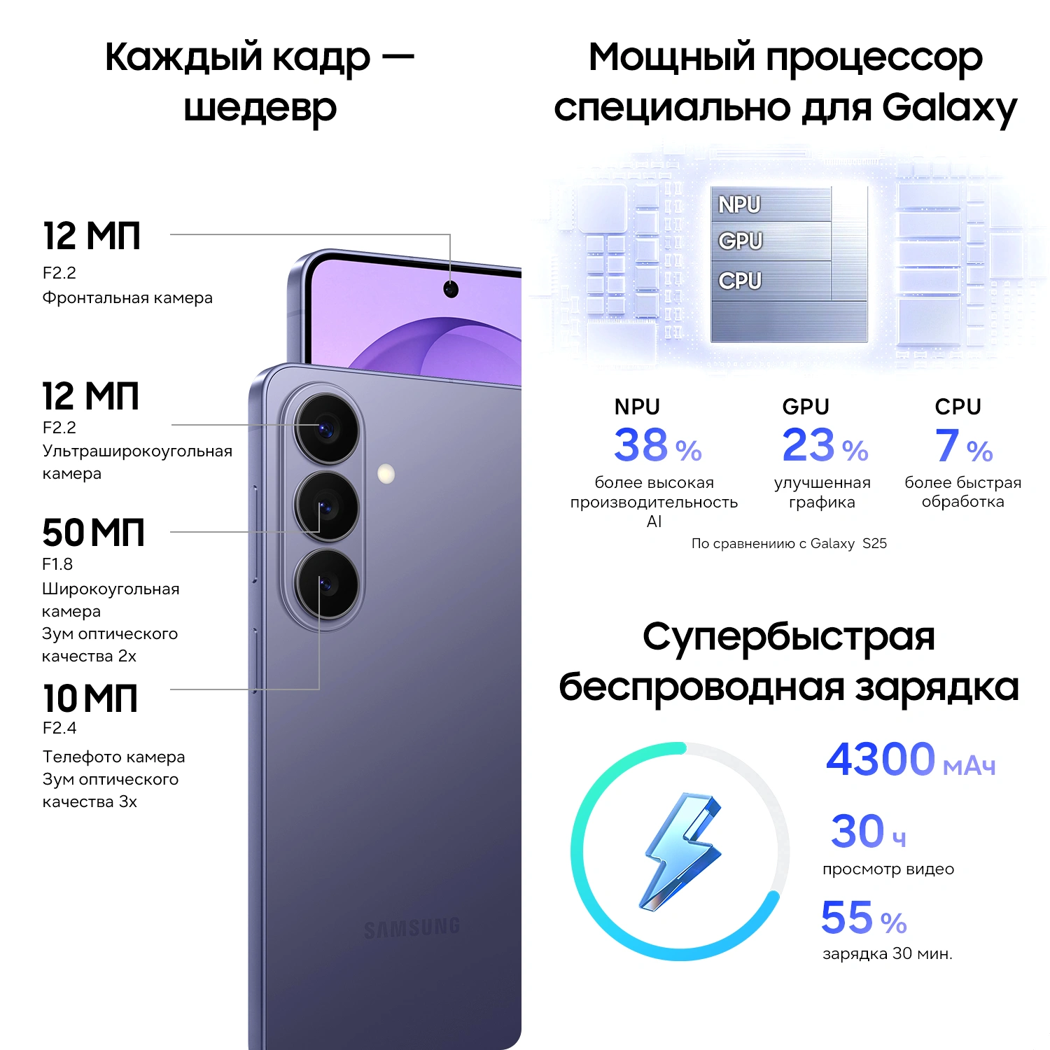 Смартфон Samsung SM-S942B Galaxy S26 512Gb 12Gb фиолетовый моноблок 3G 4G 2Sim 6.3" 1080x2340 Android 16 50Mpix 802.11 a/b/g/n/ac/ax/be NFC GPS GSM900/1800 GSM1900 Protect — миниатюра 12