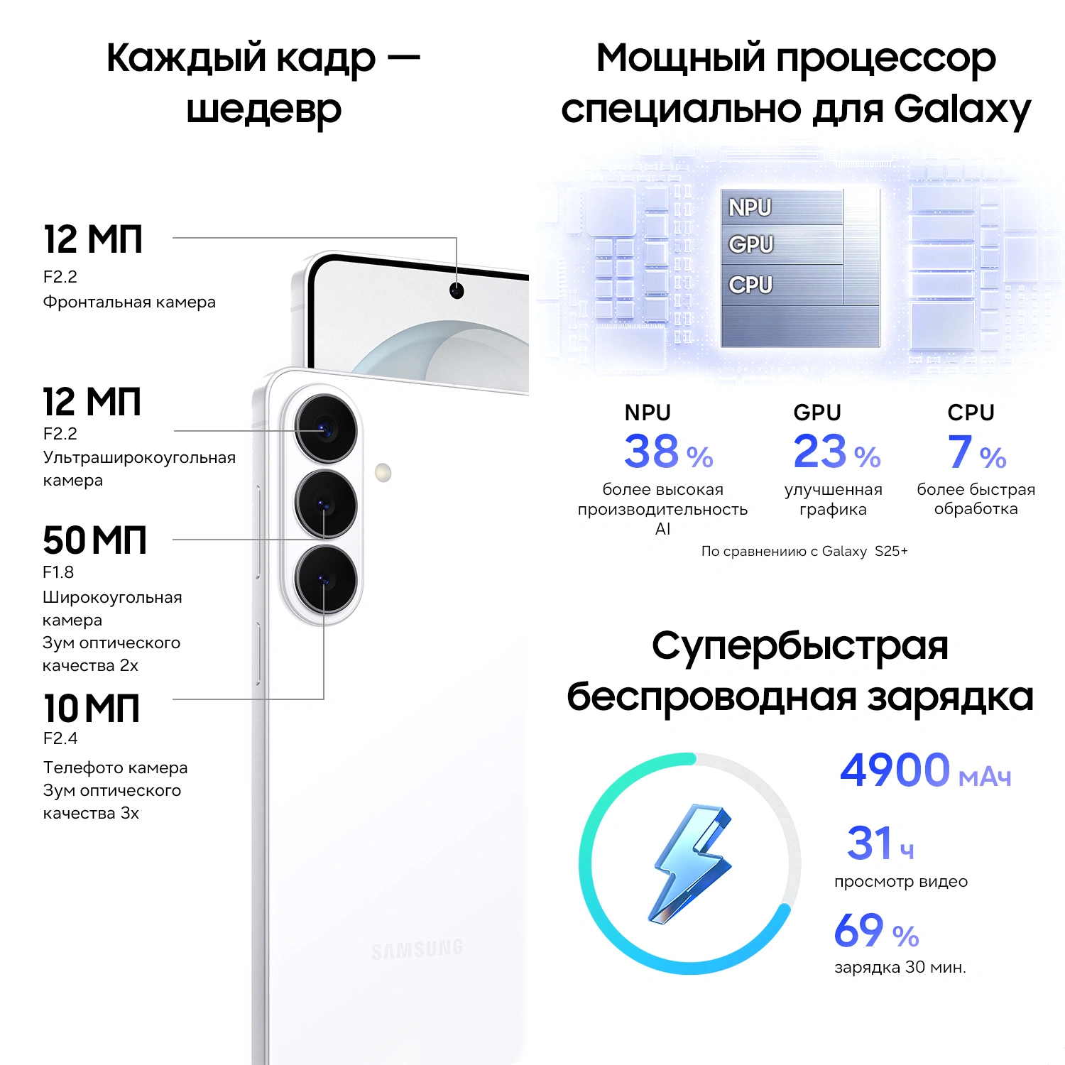 Смартфон Samsung SM-S947B Galaxy S26+ 256Gb 12Gb белый моноблок 3G 4G 2Sim 6.7" 1440x3120 Android 16 50Mpix 802.11 a/b/g/n/ac/ax/be NFC GPS GSM900/1800 GSM1900 Protect — миниатюра 12