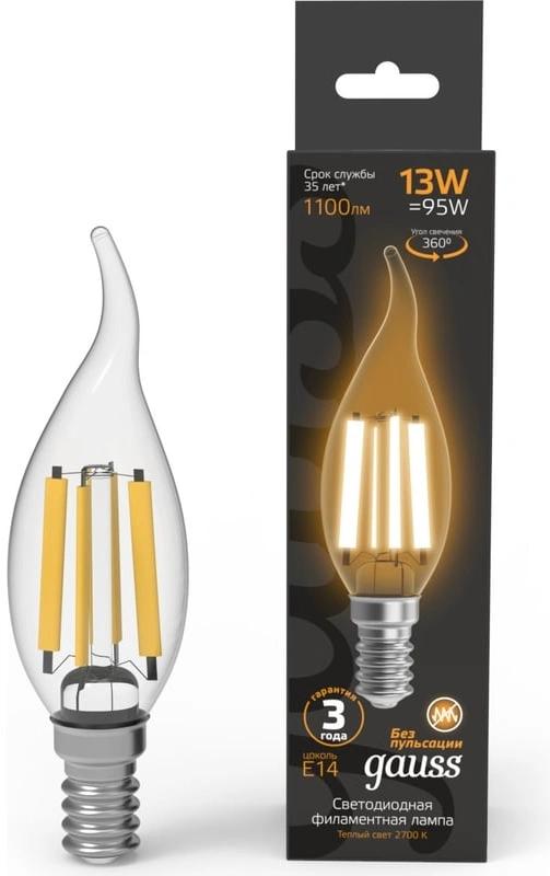 Лампа филам. Gauss Filament 13Вт цок.:E14 свеча 220B св.свеч.бел.теп. (упак.:1шт) (104801113) — фото 1
