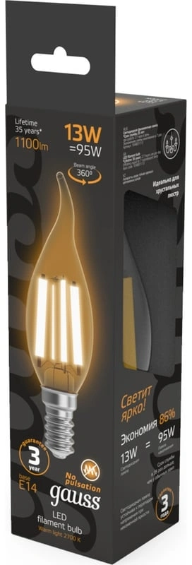 Лампа филам. Gauss Filament 13Вт цок.:E14 свеча 220B св.свеч.бел.теп. (упак.:1шт) (104801113) — миниатюра 4