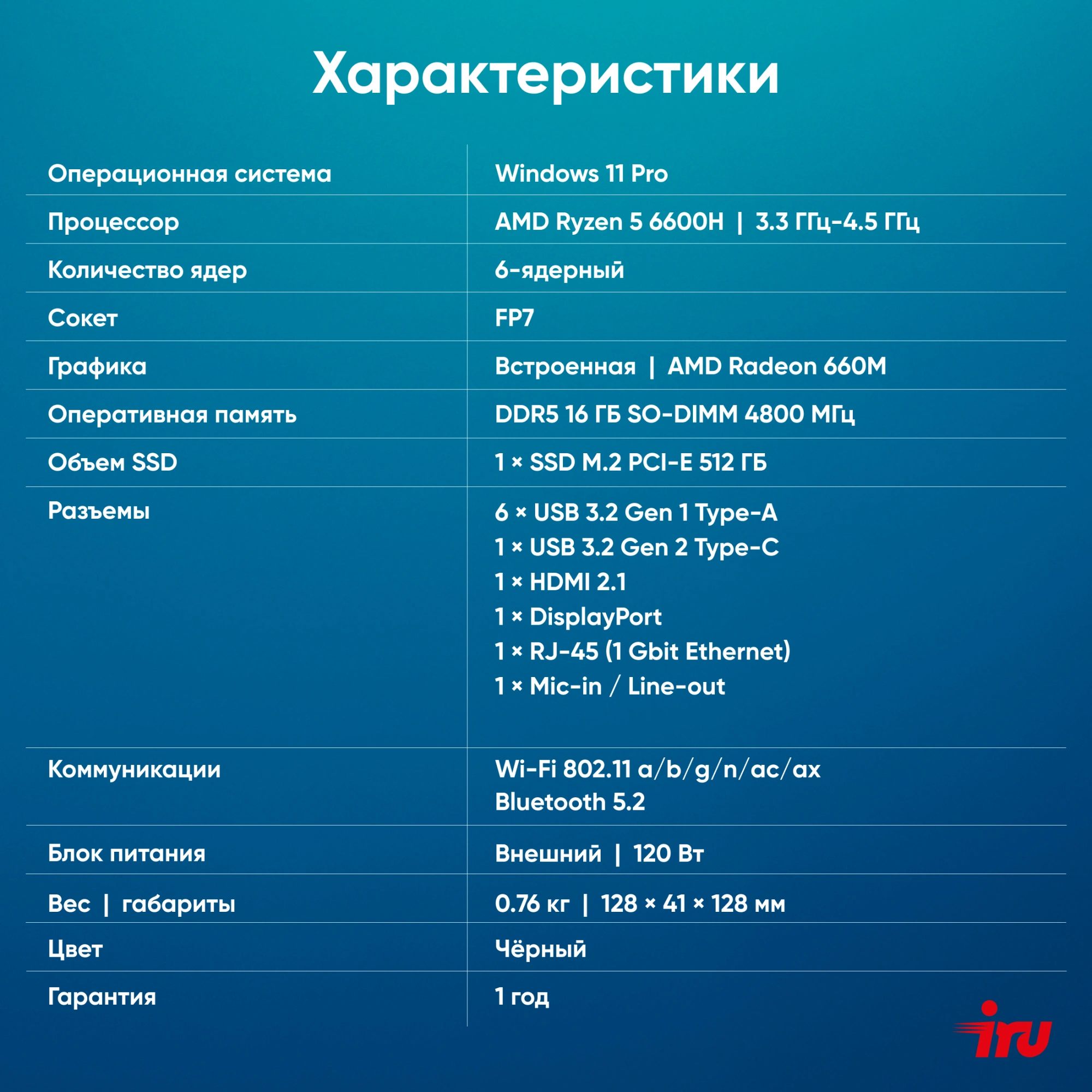 Неттоп IRU Tactio 525 Ryzen 5 6600H (3.3) 16Gb SSD512Gb 660M Windows 11 Pro GbitEth WiFi BT 120W черный (RUS) (2164239) — миниатюра 25
