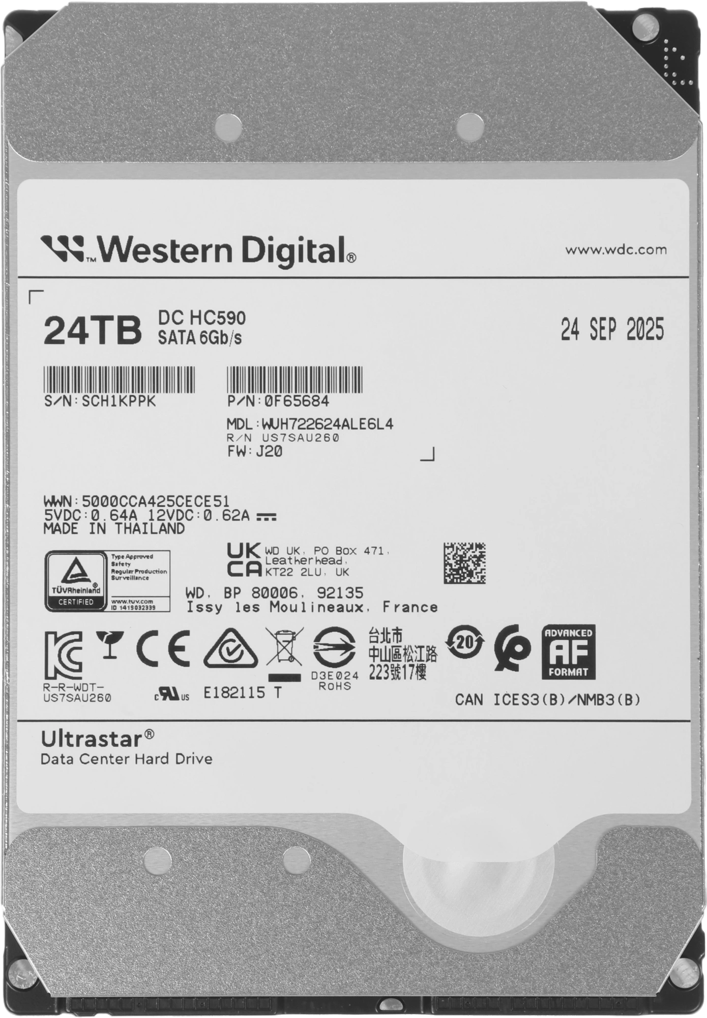 Жесткий диск WD SATA-III 24TB 0F65684 WUH722624ALE6L4 Ultrastar DC HC590 4KN (7200rpm) 512Mb 3.5" — миниатюра 2