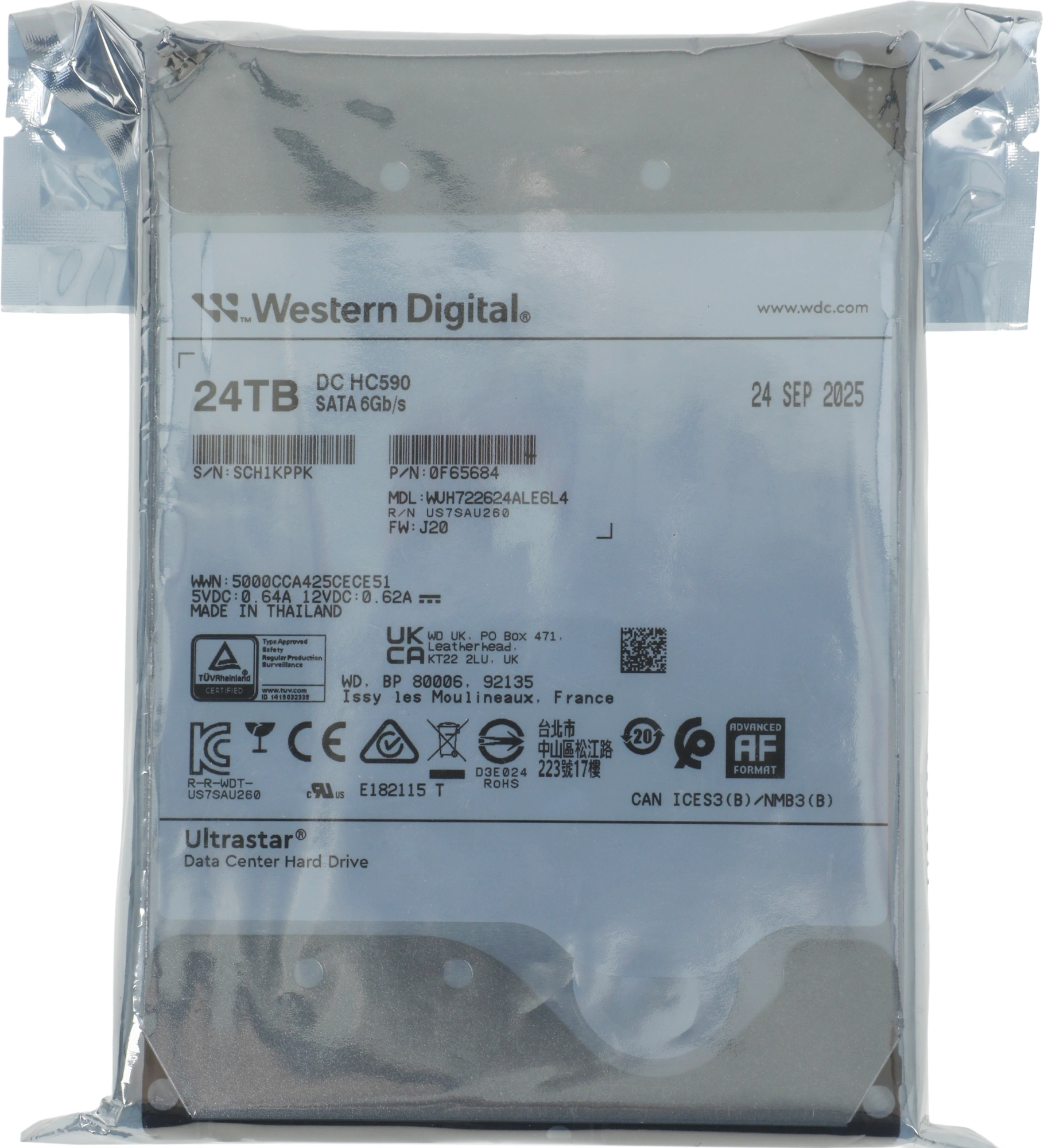 Жесткий диск WD SATA-III 24TB 0F65684 WUH722624ALE6L4 Ultrastar DC HC590 4KN (7200rpm) 512Mb 3.5" — фото 1