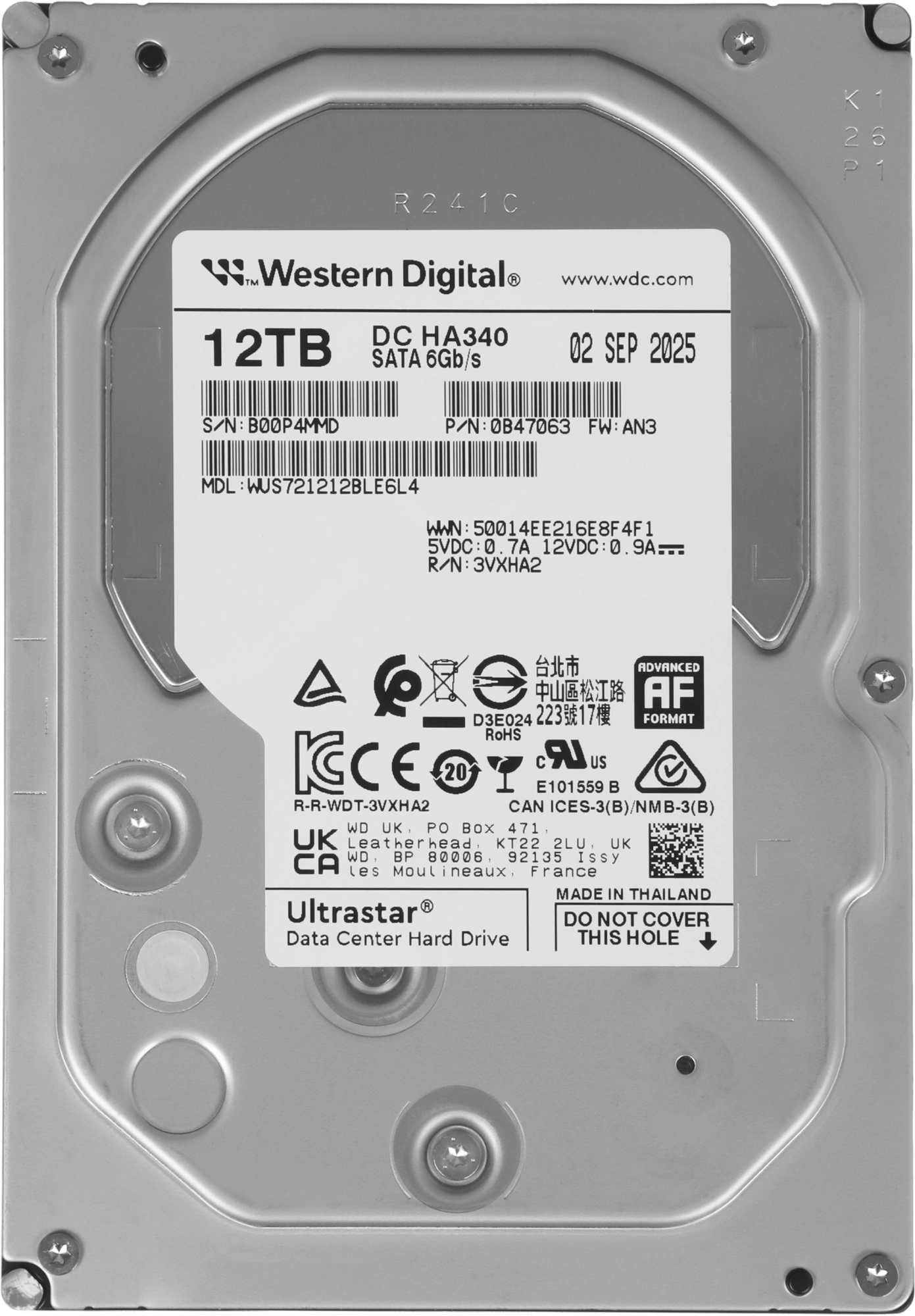 Жесткий диск WD SATA-III 12TB 0B47063 WUS721212BLE6L4 Ultrastar DC HC340 512E (7200rpm) 512Mb 3.5" — миниатюра 2