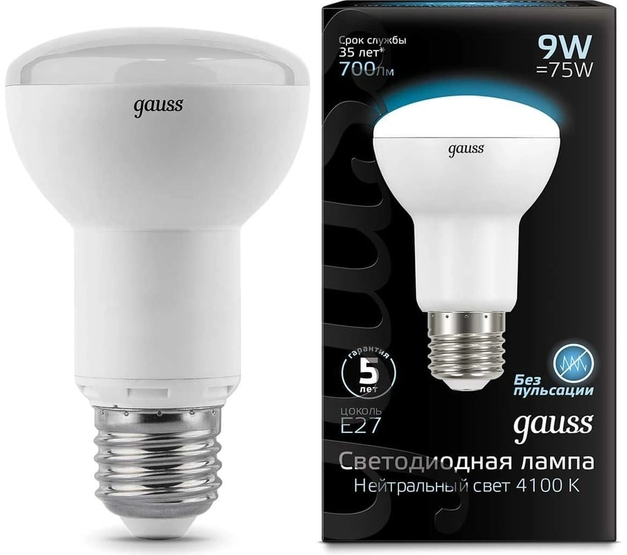 Лампа светодиодная Gauss R63 9Вт цок.:E27 рефлек. 220B св.свеч.бел.нейт. (упак.:1шт) (106002209) — фото 1