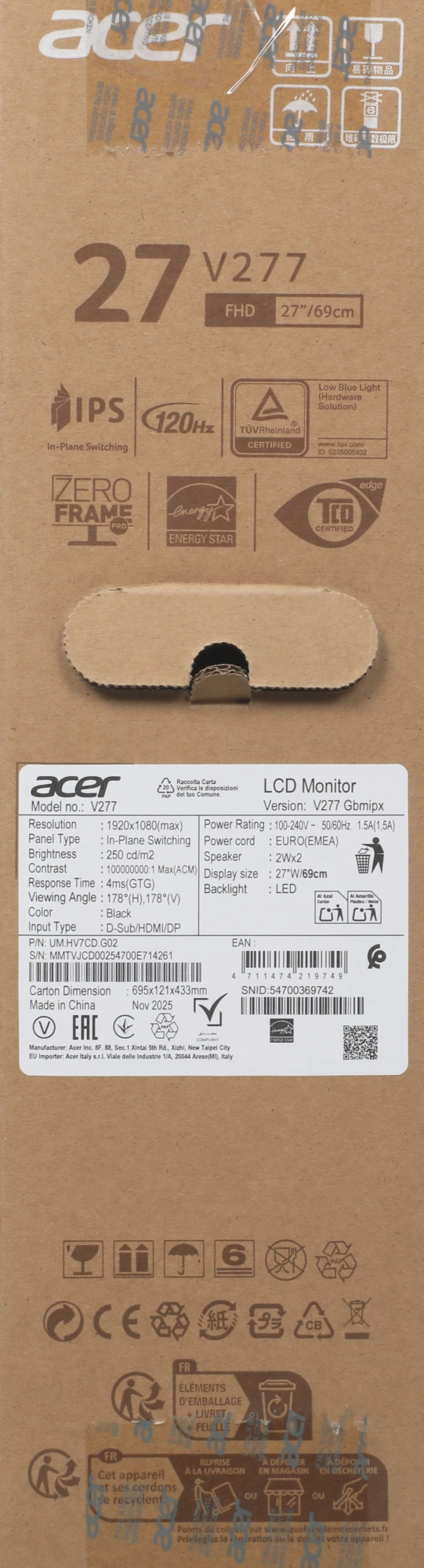 Монитор Acer 27" Vero V277Gbmipx черный IPS LED 16:9 HDMI M/M матовая 250cd 178гр/178гр 1920x1080 120Hz FreeSync VGA DP FHD 3.64кг — миниатюра 12
